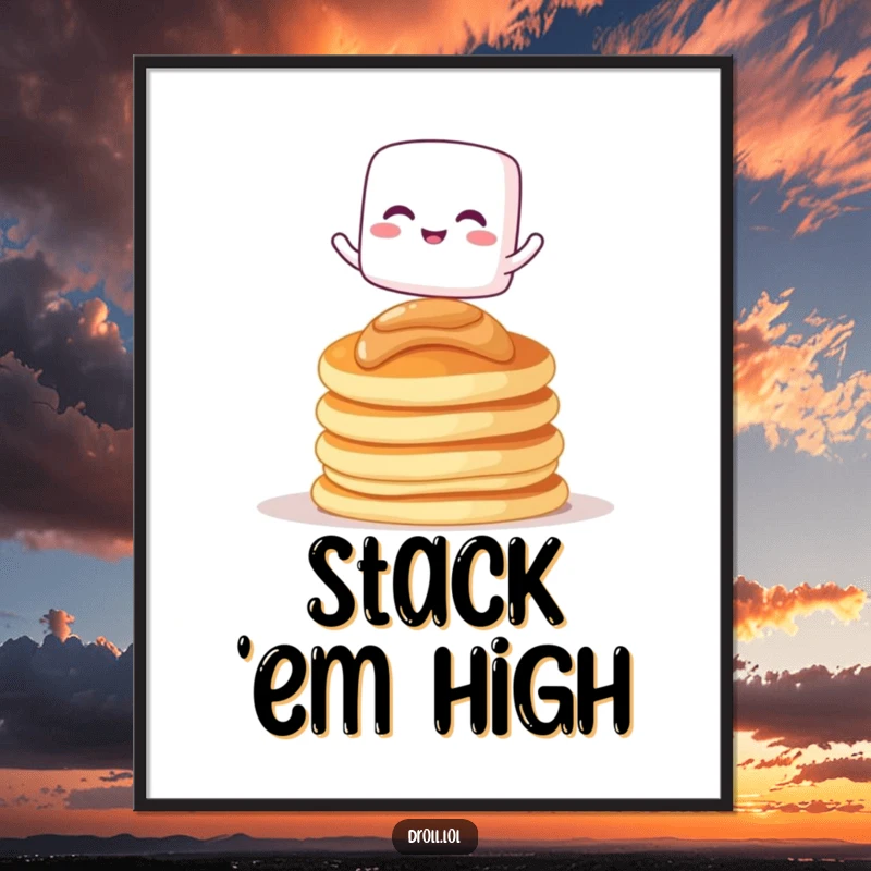 Funny poster art of a giggling marshmallow character balancing on pancakes, adding sweet humor to any room.