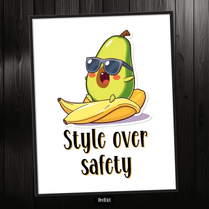 Funny poster art of a surprised avocado wearing sunglasses comically slipping on a banana peel, a classic slapstick moment captured visually.