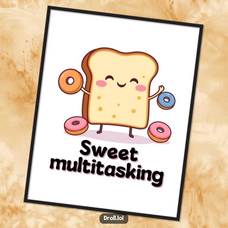 Funny poster showcasing a cheerful slice of toast happily juggling small donuts, bringing breakfast cheer.
