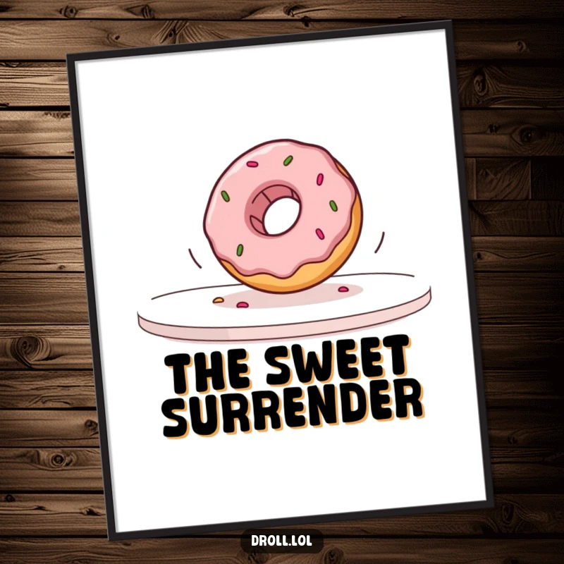 Funny donut rolling off a table in slow motion, artistic and humorous wall decor, perfect for kitchens or dining areas.