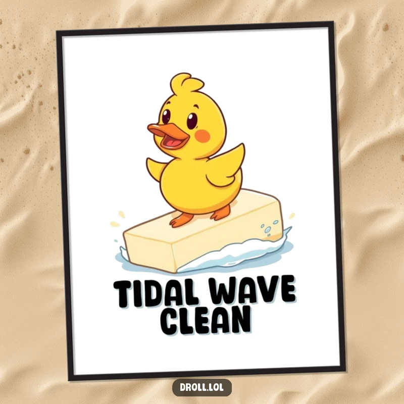 Funny determined rubber duck surfing a giant bar of soap as a poster, capturing a humorous moment of bath time bravery.