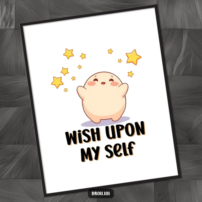 Funny poster of a happy blob character reaching for glittering falling stars, inspiring wonder and joy.