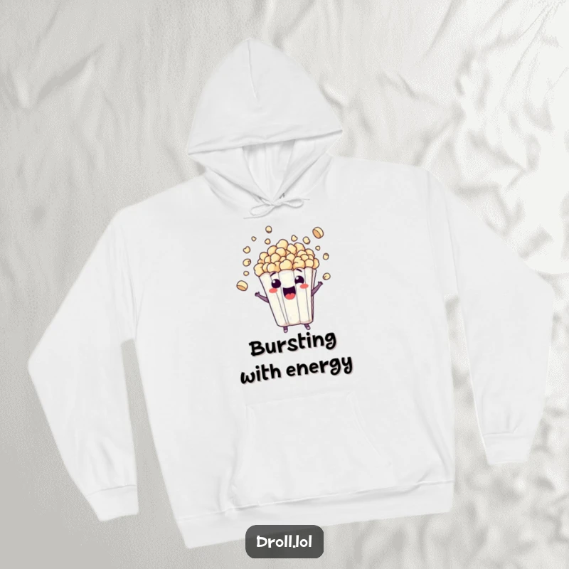 Funny hoodie featuring an excited popcorn bag character bursting with kernels, offering comfort and humorous fun, a great funny gift.