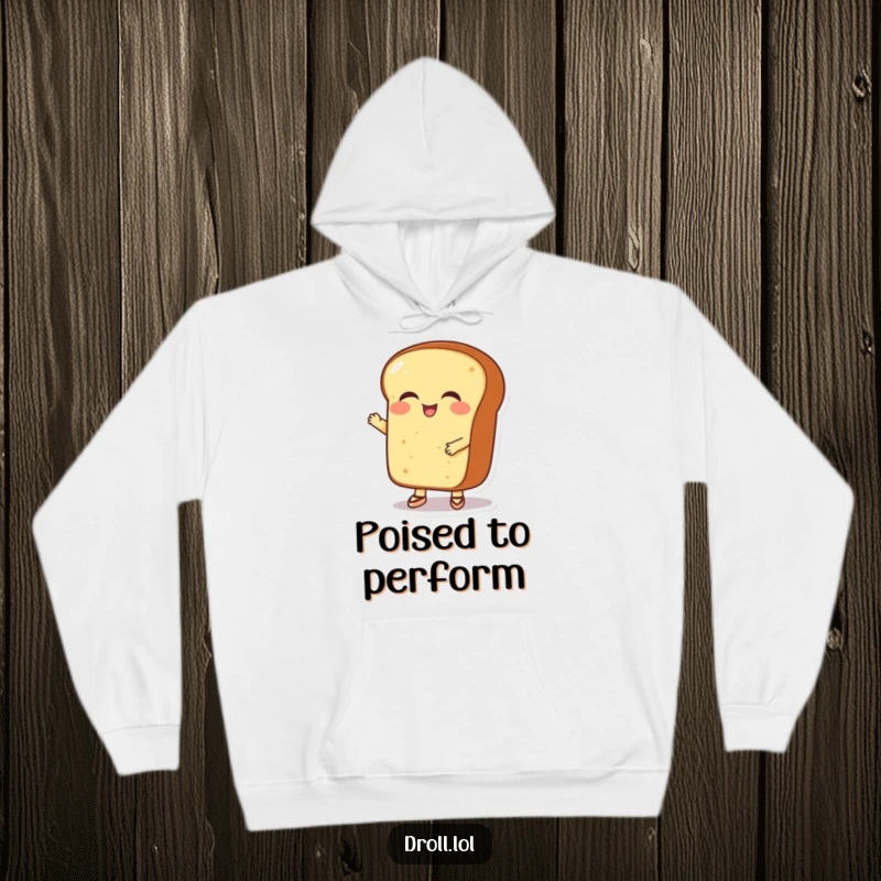 Funny giggling bread loaf wearing tiny ballet shoes, looking cozy on a warm hoodie.
