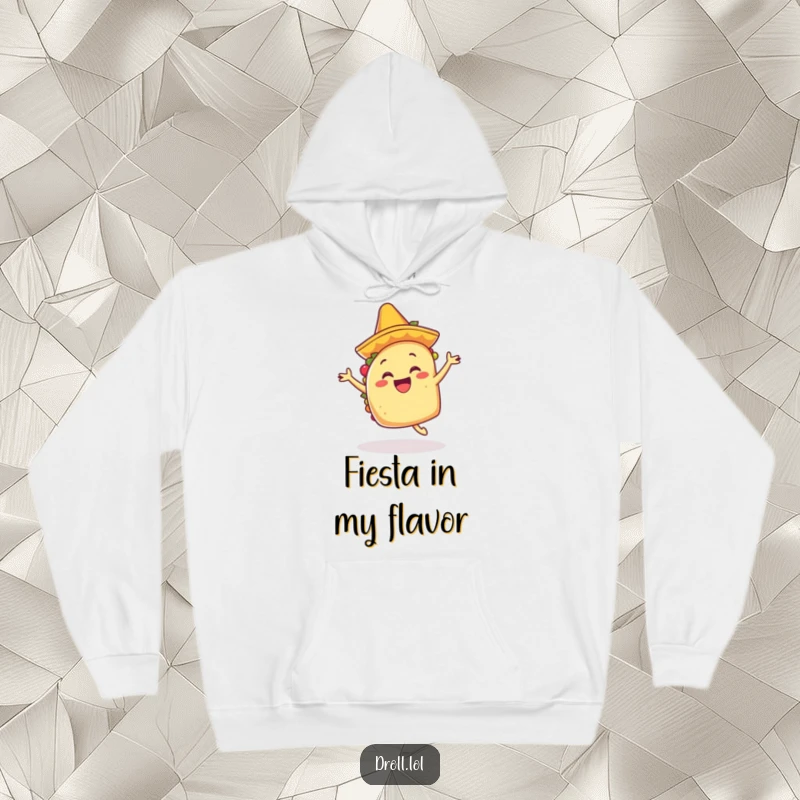 Funny happy taco wearing a tiny mariachi hat, dancing joyfully, depicted on a warm hoodie.