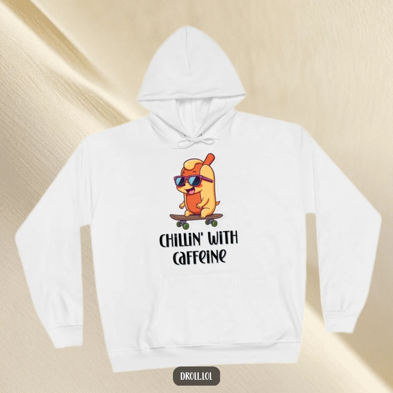 Funny happy, wiggling hot dog wearing sunglasses, riding a skateboard, designed on a warm and comfy hoodie.