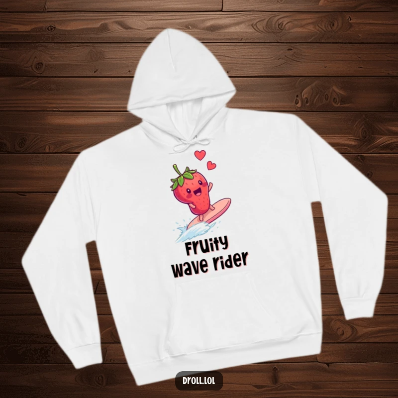 Funny hoodie design: a delighted strawberry balancing precariously while surfing a speeding, runaway blueberry against a simple background.