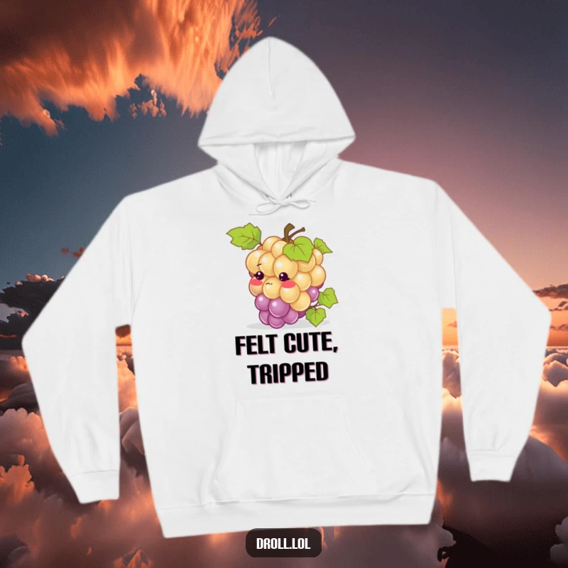 Funny hoodie: A blushing grape tripping over its vine, offering cozy comfort and humorous charm.