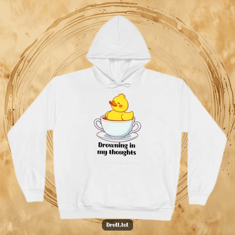 Funny confused rubber duck bobbing in a giant teacup, designed for cozy and humorous casual wear.