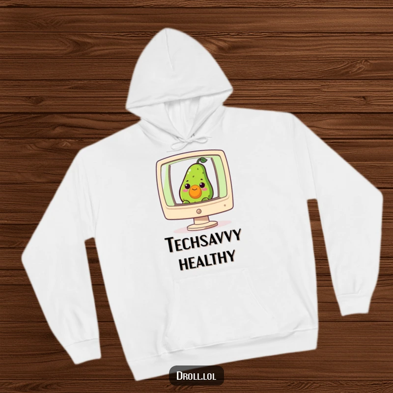 Funny hoodie featuring a curious avocado peeking from a giant computer screen, cozy and packed with tech humor.