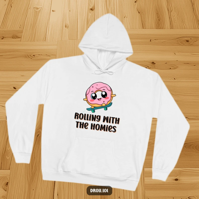 Funny donut character attempting to skateboard downhill, printed on a soft, warm hoodie, embodying a humorous and energetic vibe.