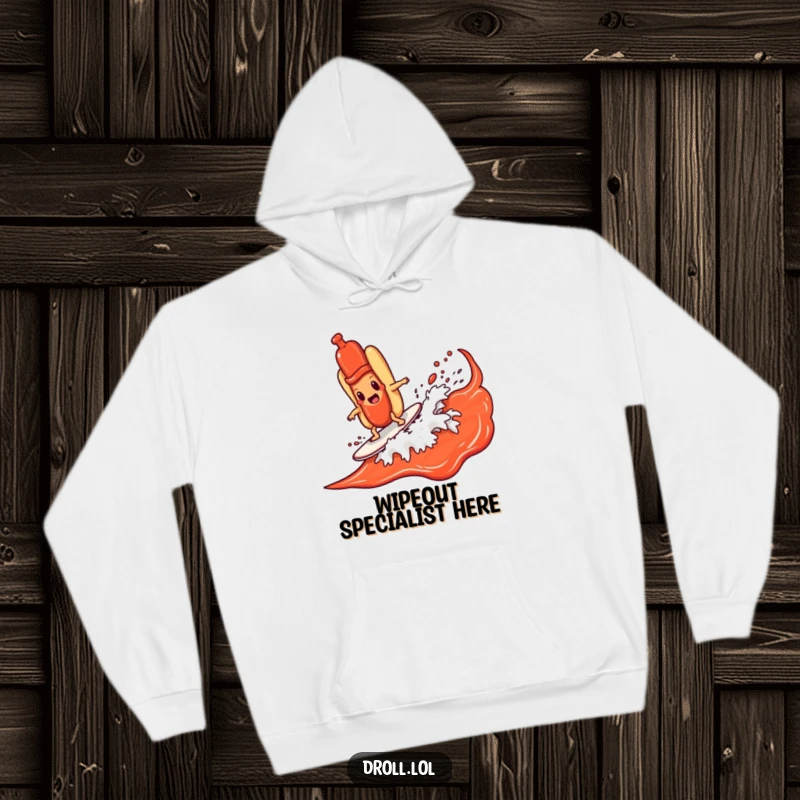 Funny hot dog character riding a ketchup wave, captured on a cozy hoodie for a humorous and warm experience.
