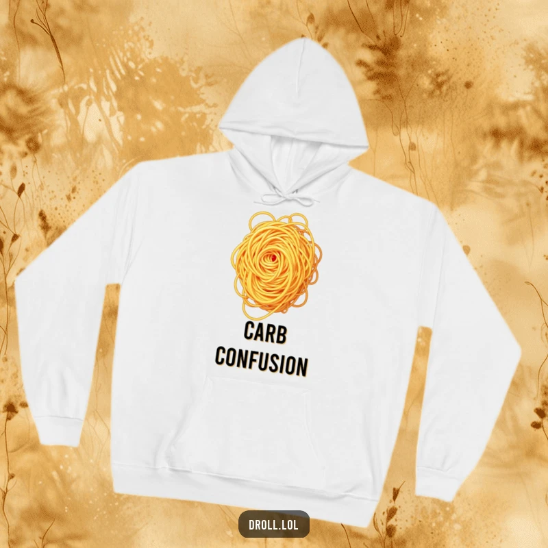Funny spaghetti swirl hoodie, soft and warm, featuring a tangled mass of spaghetti in humorous disarray.