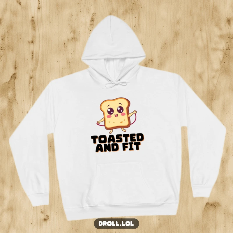 Funny googly-eyed toast slice jumping rope, a humorous and cozy hoodie for active individuals.