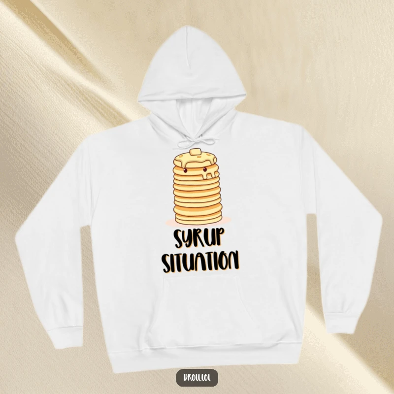Funny wobbly pancake hoodie, warm and comfortable, featuring a precarious tower of pancakes in mid-balance.
