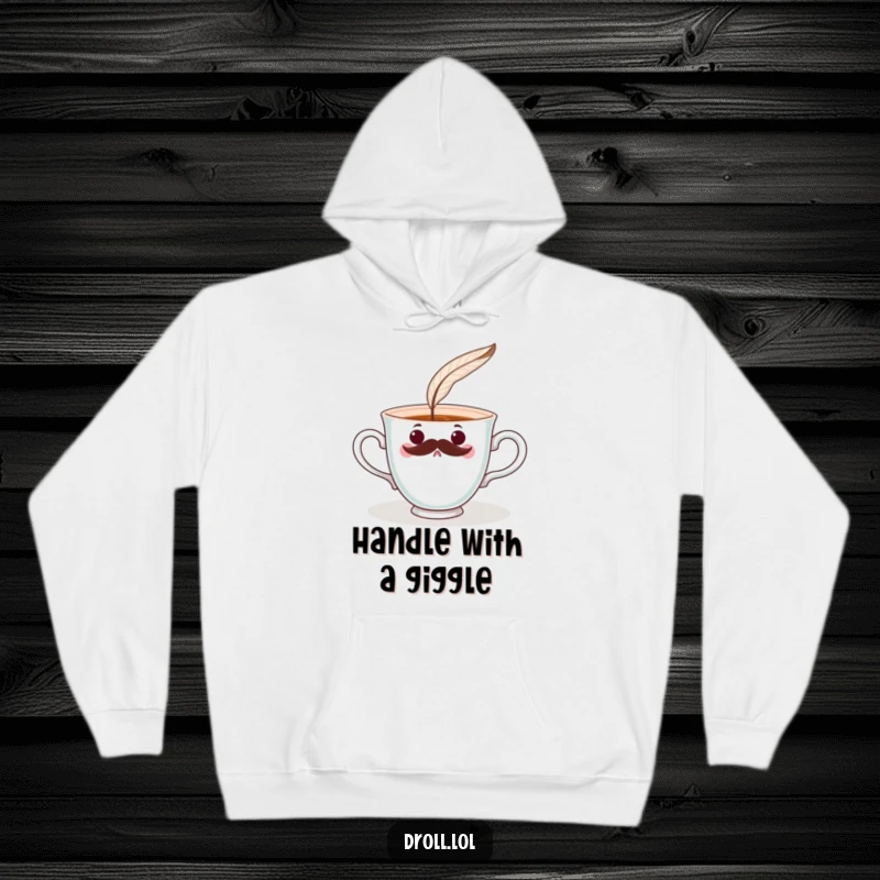 Funny surprised teacup with a mustache being tickled by a feather, featured on a cozy hoodie. Whimsical and warm.