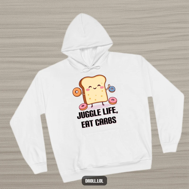 Funny hoodie featuring a cheerful slice of toast joyfully juggling donuts, perfect for cozy days.