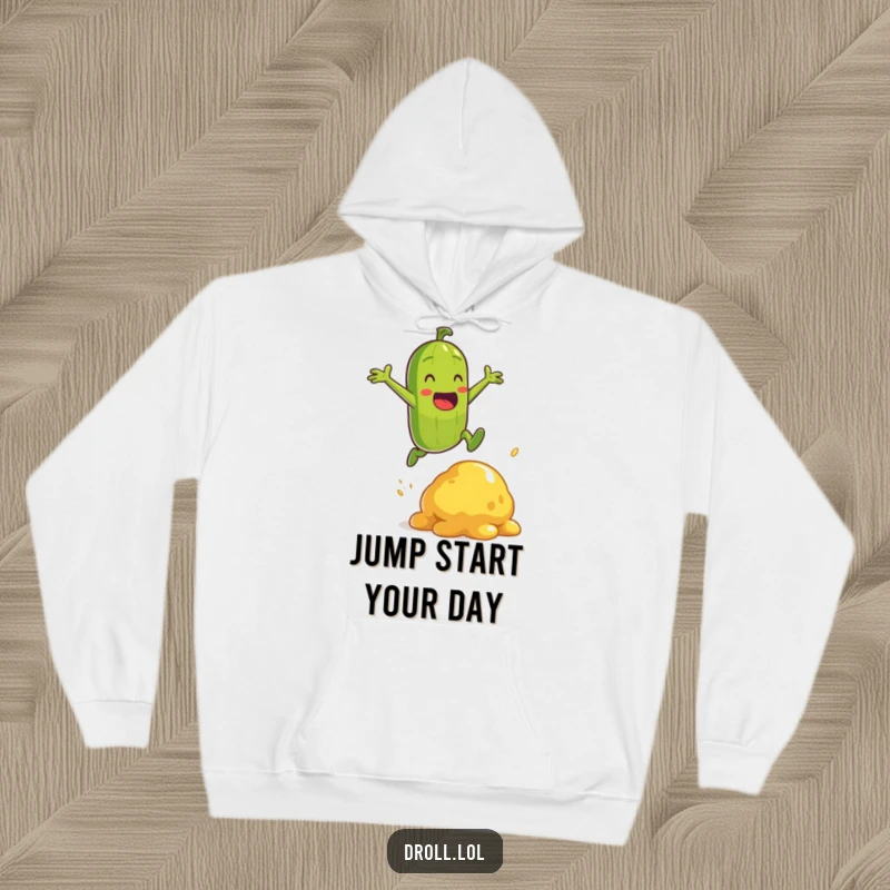 Funny energetic pickle character in a hoodie, heroically jumping over a mustard blob, full of playful humor.