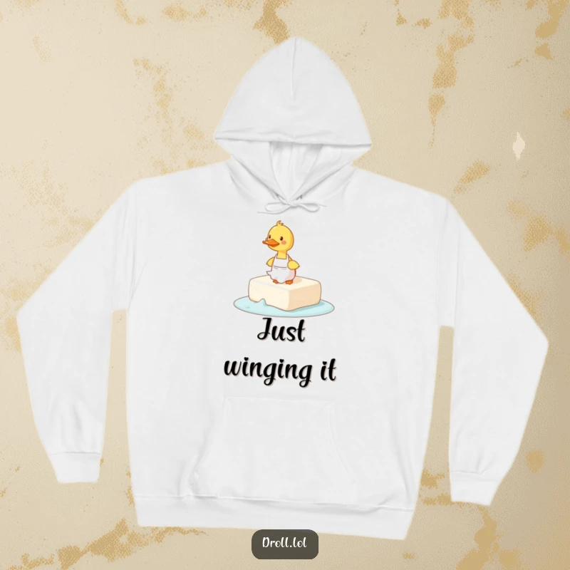 Funny hoodie illustrating a duck in an apron comically falling over a huge, slick bar of soap.