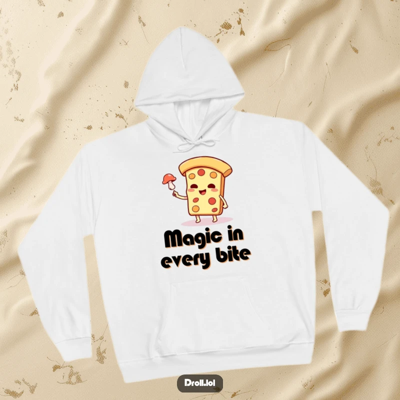 Funny pizza slice character in a hoodie, performing a magic levitation trick with a mushroom, delightfully humorous.