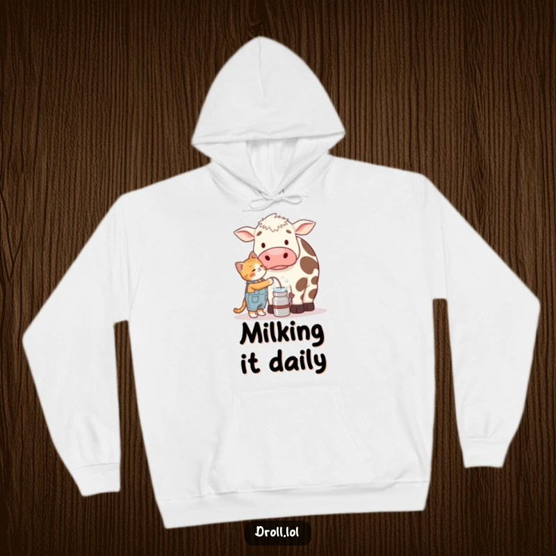 Funny hoodie showing a small cat in overalls focused on milking a giant cow that looks utterly bewildered by the situation.