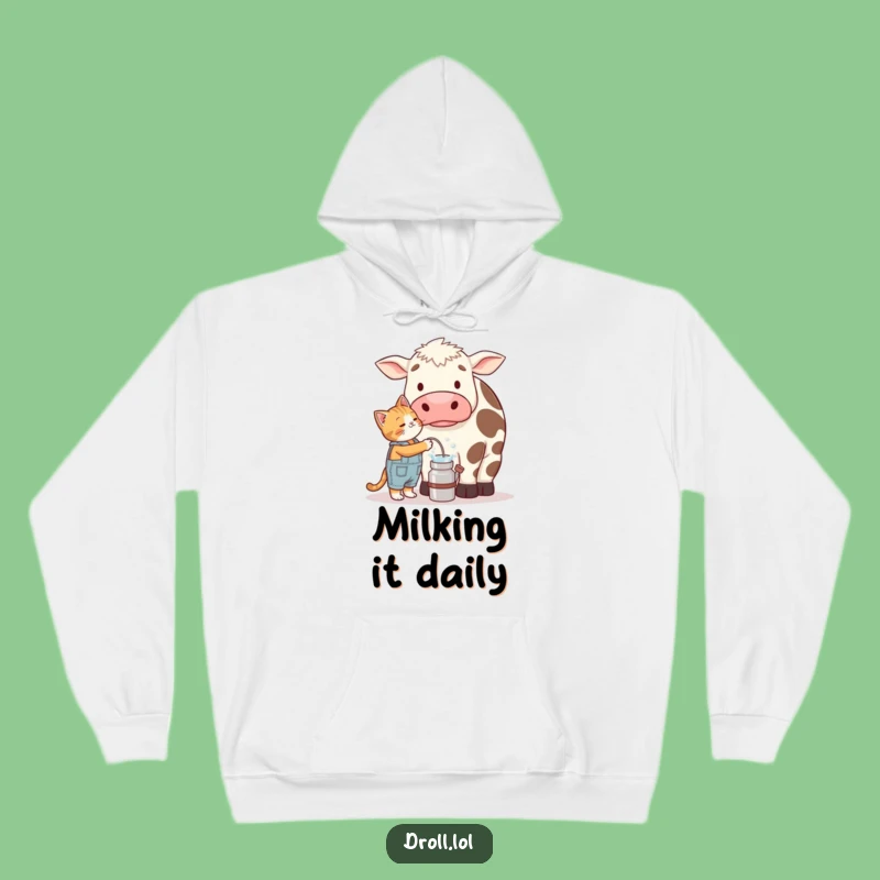 Cozy Funny Cat Milking Cow Hoodie - Warm & Hilarious Farm Gift!