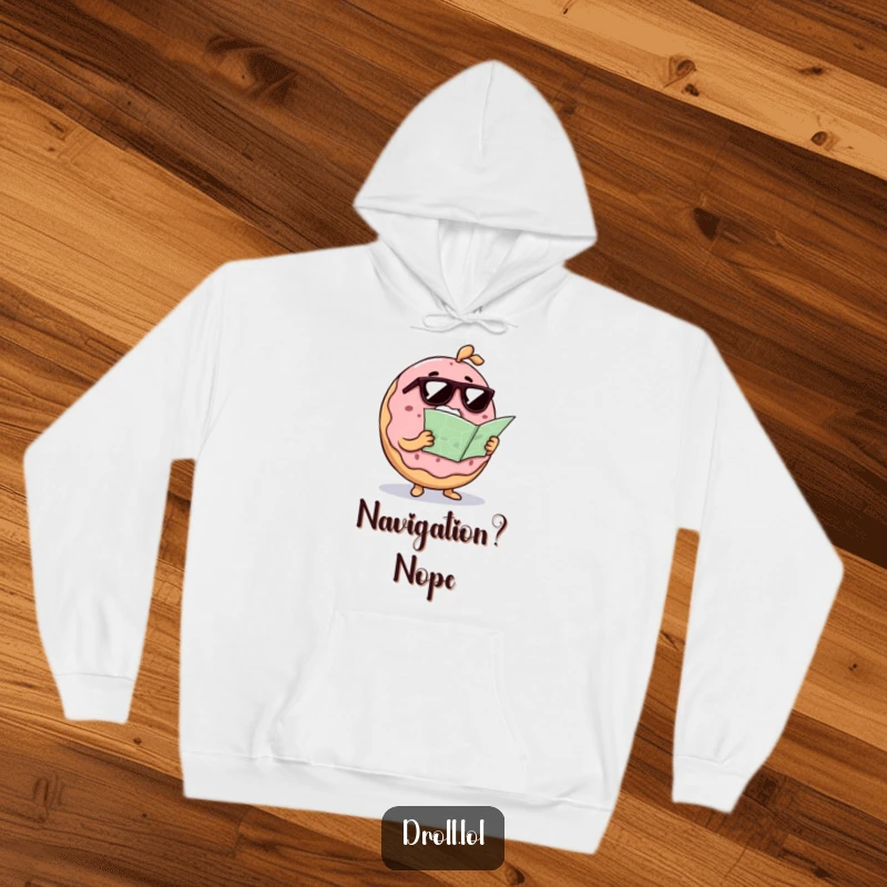 Funny donut with sunglasses reading a map on a cozy hoodie, illustrating a lost food character's humorous quest for direction.