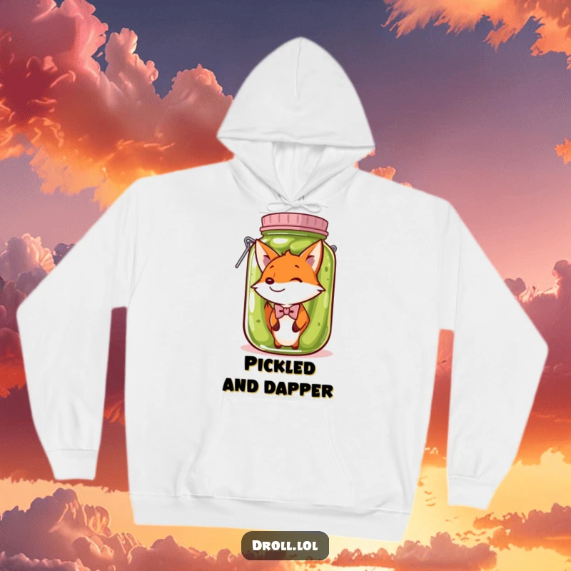 Funny Hoodie: A fox in a bow tie stuck in a pickle jar offers cozy comfort and hilarious, absurd charm for relaxed wear.