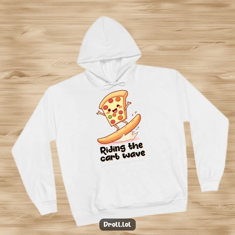 Funny hoodie depicting a happy pizza slice masterfully surfing a colossal breadstick, perfect for cozy, humorous moments.