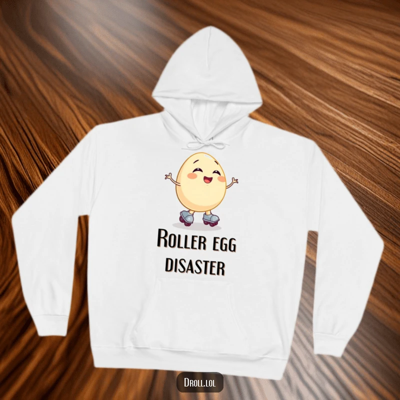 Funny hoodie design: a cheerful egg on roller skates hilariously losing balance, captured mid-fall with a giggling expression.