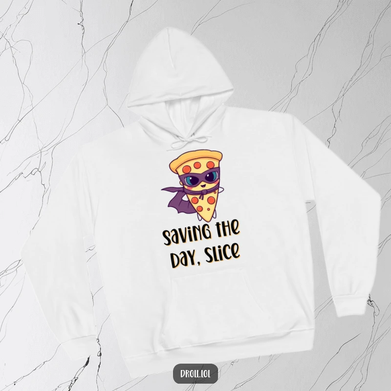 Funny slice of pizza wearing a superhero cape and mask, depicted on a warm and cozy hoodie.