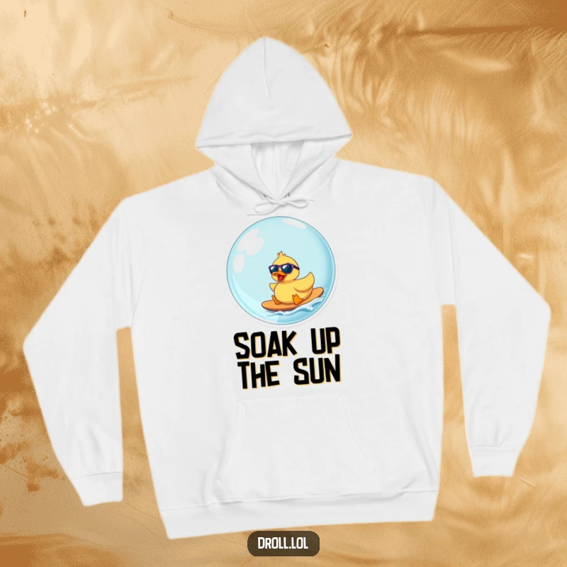 Funny rubber duck in sunglasses surfs a huge bubble, a humorous and cozy design for a cool hoodie.