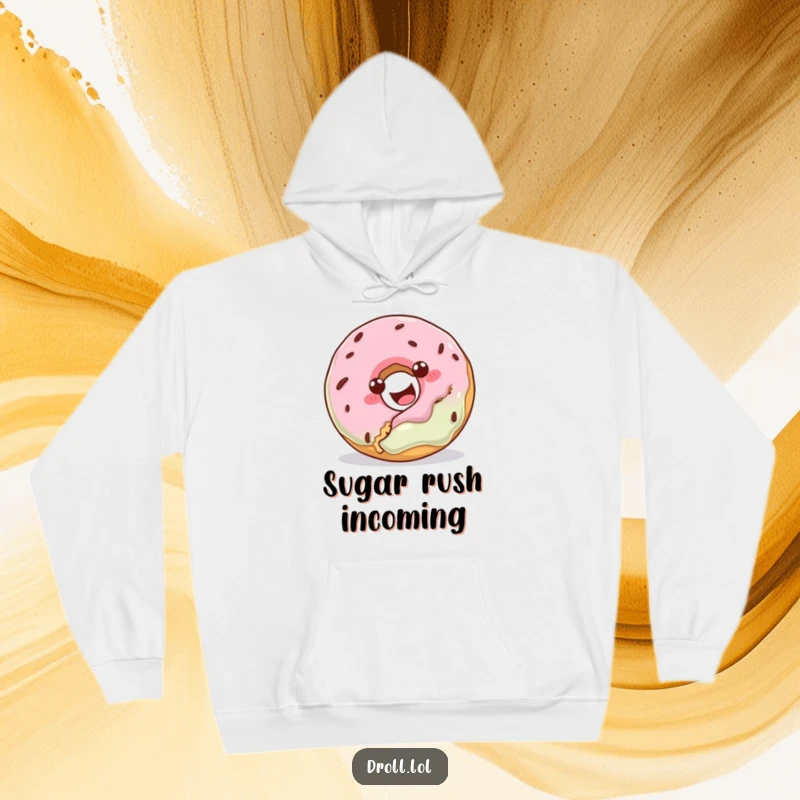 Funny hoodie depicting a donut attempting to bite a cookie, perfect for cozy laughs and humorous style.