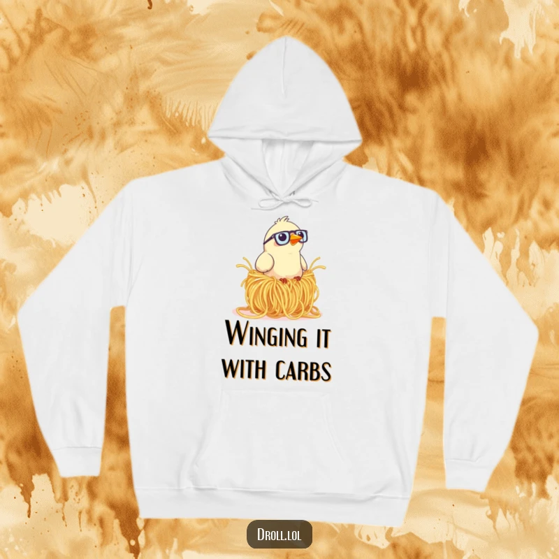 Funny hoodie illustrating a bird wearing glasses struggling comically to build a nest using giant, tangled spaghetti.