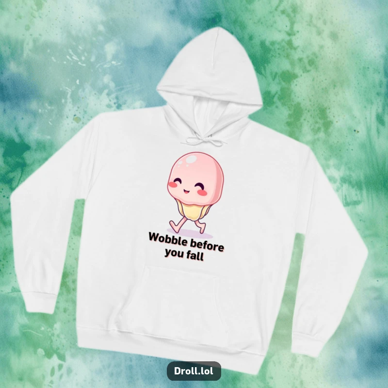 Funny hoodie depicting a wobbly jelly character attempting to walk with a hilariously uncontrolled wiggle, a great funny gift.