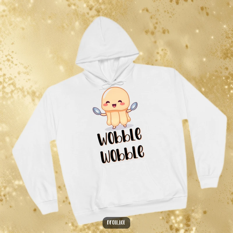 Funny jelly hoodie featuring a wobbly jelly attempting to juggle three tiny spoons, perfect for cozy, humorous days.