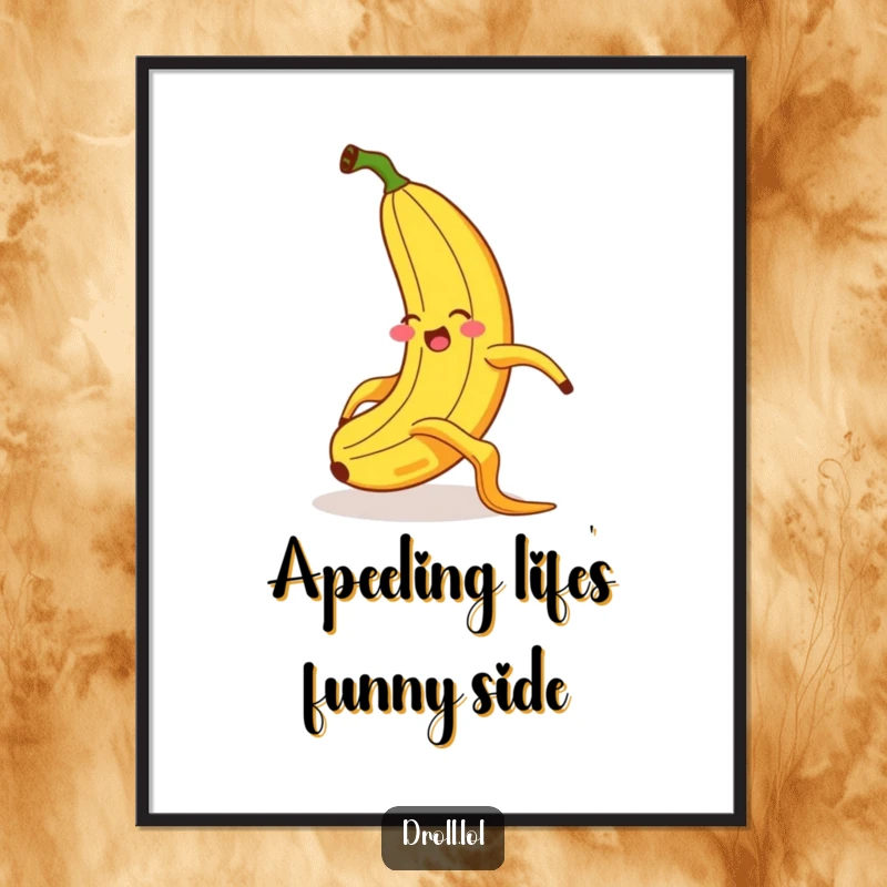Funny Free Printable Wall Art: A giggling banana comically slips on a banana peel, adding a hilarious, exaggerated flair to the scene.