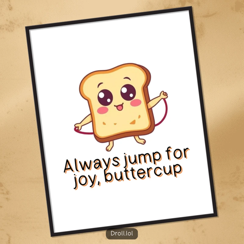 Funny Free Printable Wall Art: A cute slice of toast with googly eyes is energetically jumping rope. Whimsical downloadable art.