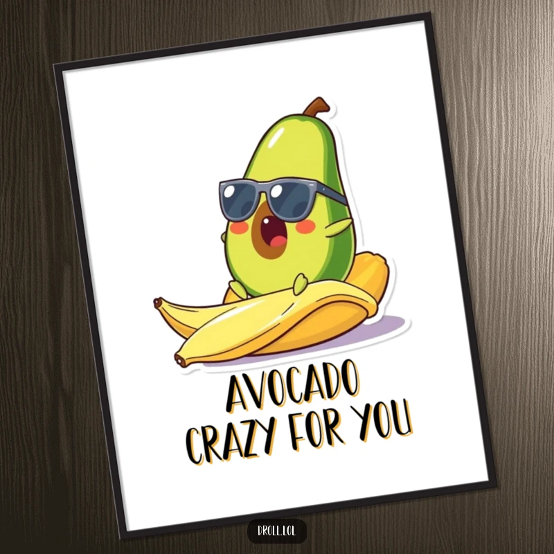 Funny Free Printable Wall Art: A cool avocado with sunglasses comically slipping on a banana peel, a surreal and humorous piece.