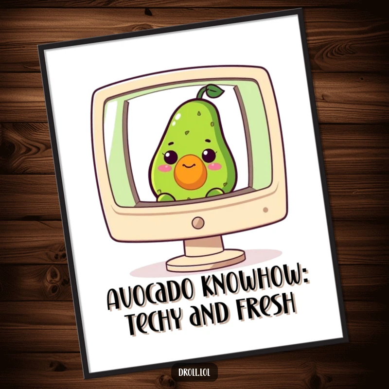 Funny Free Printable wall art, a curious avocado peeking out from a giant computer screen, adding a touch of digital whimsy.