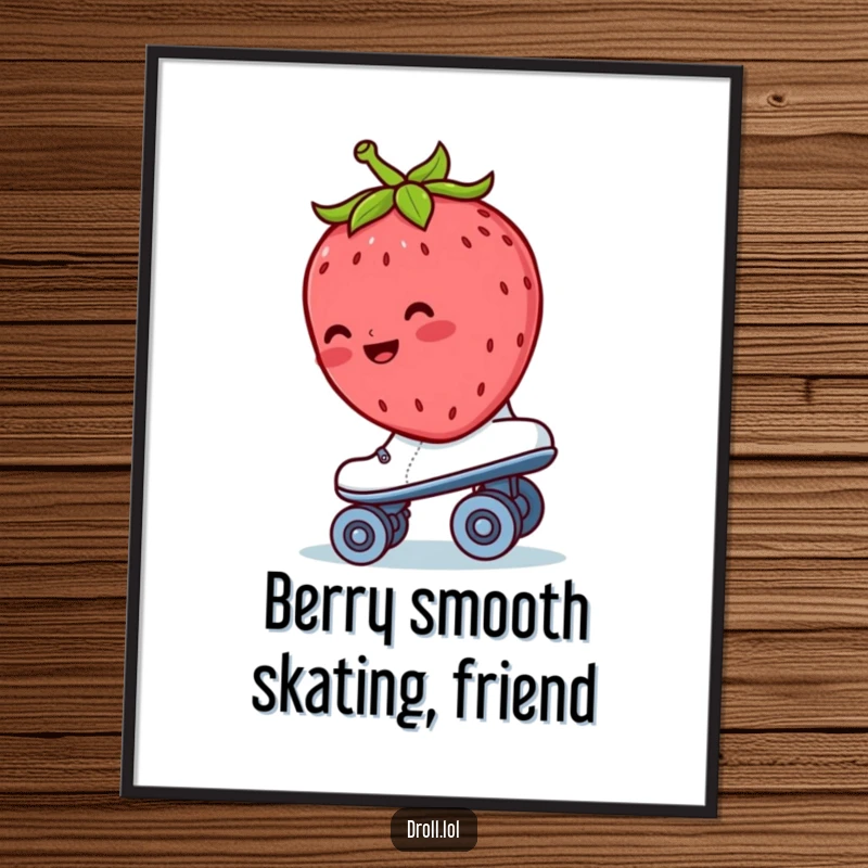 Funny Free Printable Wall Art: A shy strawberry with rosy cheeks rides a roller skate, facing backwards.