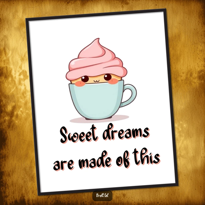Funny Free Printable Wall Art: A cute, blushing cupcake character shyly attempting to hide behind a miniature coffee cup.