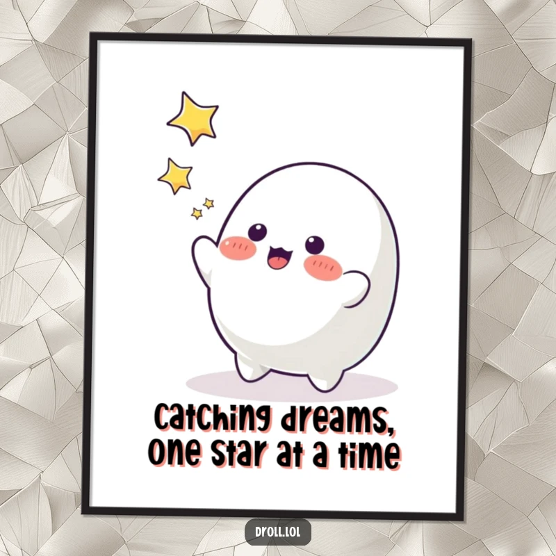 Funny Free Printable Wall Art: A playful blob character reaching up to catch twinkling falling stars, inspiring wonder.
