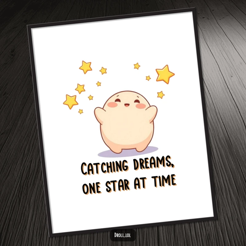 Funny free printable wall art: A joyful blob character leaping with delight to catch a shower of sparkling stars. Whimsical art.