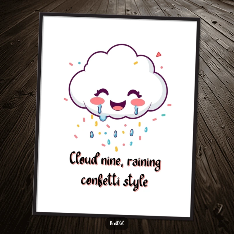 Funny free printable wall art: A wide-smiling cloud weeping a vibrant stream of confetti, adding festive flair to decor.