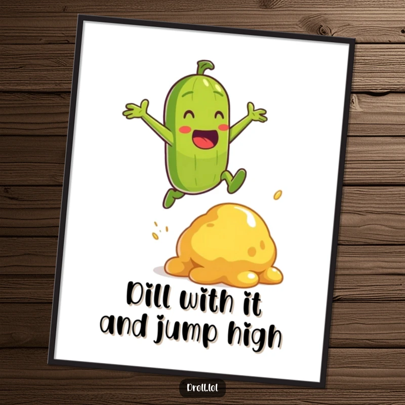 Funny Free Printable Wall Art: A hyperactive pickle character performing an impressive jump over a blob of mustard, full of life.