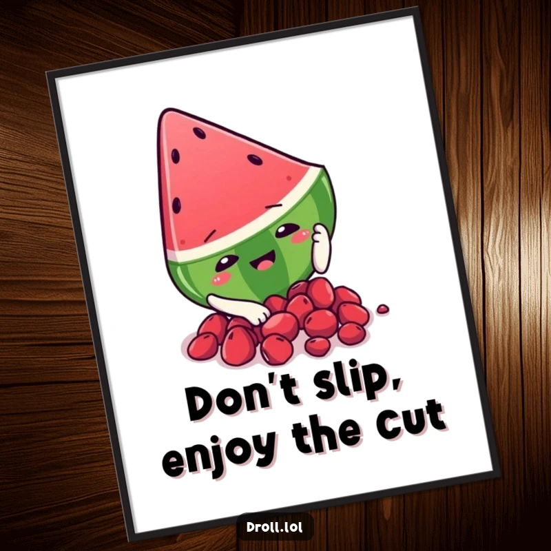 Funny free printable wall art depicting a slice of watermelon comically slipping on its own seeds.