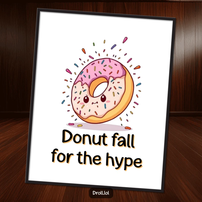 Funny Free Printable Wall Art: A donut character in a dramatic fall, with sprinkles bursting outwards.