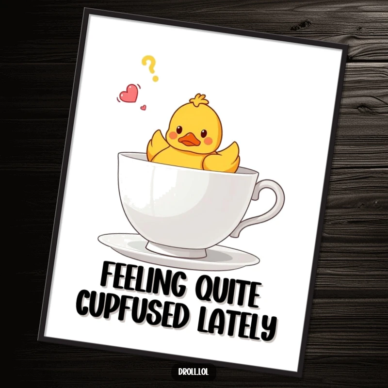 Funny free printable wall art: A bewildered rubber duck floating solo in a giant teacup, offering a quirky touch to any room.