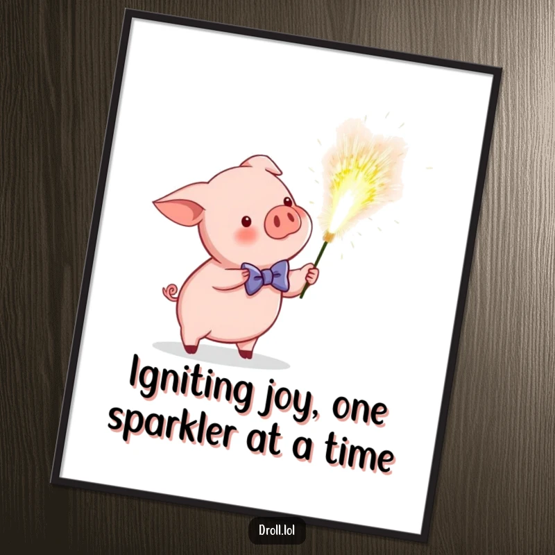 Funny Free Printable Wall Art: Piglet in a bow tie accidentally ignites a giant sparkler, creating a bright, festive, and humorous scene.